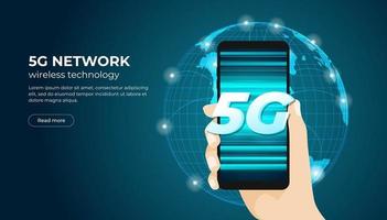 Hand holding 5G smartphone. Fifth generation wireless network banner. vector