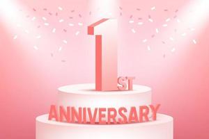 One years anniversary celebration on pink background. vector