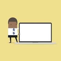 African businessman pointing to laptop display. vector