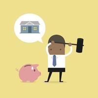 African businessman try to brake piggy bank for housing. vector