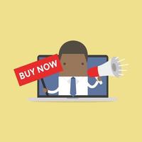 African businessman holding BUY NOW sign and megaphone in computer notebook. vector