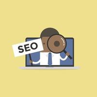 African businessman holding SEO sign and looking through a magnifying glass in computer notebook. vector