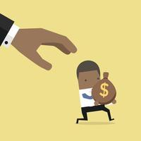 Cartoon hand tries to grab the bag of money running African businessman. vector