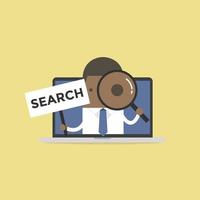 African businessman holding SEARCH sign and looking through a magnifying glass in computer notebook. vector