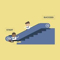 Businessman who going up to escalator to success and another man who is climbing the stairs. vector