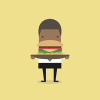 African businessman carrying a big hamburger. vector