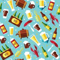 Seamless pattern with beer symbols on blue background. Vector illustration. Flat design.