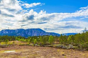 panorama con abetos cabañas y montañas naturaleza paisaje nissedal noruega.