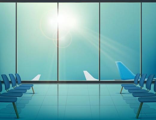 Airplanes in airport in windows of waiting hall