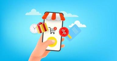 Man using online shop via modern smartphone. Horizontal banner vector