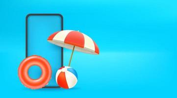 concepto de vacaciones de verano con smartphone y cosas de playa. banner horizontal con espacio de copia vector