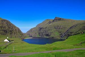 The historical village of Saksun on Faroe Islands on a great day with blue sky in summer photo