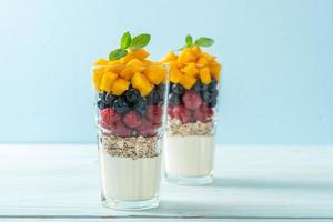 Homemade mango, raspberry, and blueberry with yogurt and granola - healthy food style