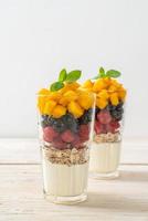 mango, frambuesa y arándano caseros con yogur y granola - estilo de comida saludable foto