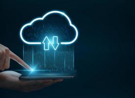 Cloud computing concept, Man hand using smartphone connect to cloud for transfer data. photo