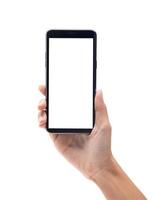 Hand holding smartphone on white background with clipping path