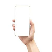 Hand holding smartphone on white background with clipping path photo