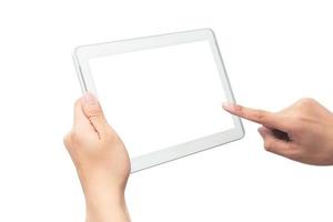 Mano con tablet PC sobre fondo blanco con trazado de recorte foto