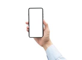 Hand holding smartphone on white background with clipping path photo