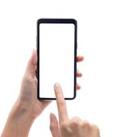 Hand holding smartphone blank screen isolated on white background photo