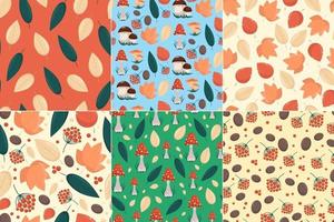 Set of seamless patterns with autumn elements, yellow leaves mushrooms and berries in flat style, vector seamless backgrounds