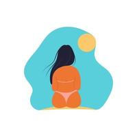 Girl view from the back in a swimsuit sitting, positive body, vector illustration in flat style, cartoon.