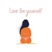 Girl view from the back in a swimsuit sitting, positive body, vector illustration in flat style, cartoon