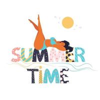 Chica en traje de baño se encuentra en una gran inscripción horario de verano, vacaciones de verano, ilustración vectorial en estilo plano, dibujos animados vector