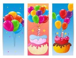 Color Glossy Happy Birthday Balloons and Cake Banner Background Vector Illustration