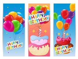 Color Glossy Happy Birthday Balloons and Cake Banner Background Vector Illustration