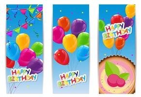 Color brillante feliz cumpleaños globos y pastel banner fondo ilustración vectorial vector