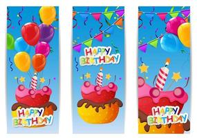 Color Glossy Happy Birthday Balloons and Cake Banner Background Vector Illustration