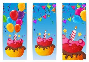 Color Glossy Happy Birthday Balloons and Cake Banner Background Vector Illustration