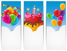 Color Glossy Happy Birthday Balloons and Cake Banner Background Vector Illustration