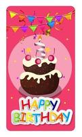 Happy Birthday Card Baner Background  with Cake and Flags. Vector Illustration