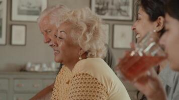 twee vrouwen een man en een meisje aan tafel zitten praten en limonade drinken video