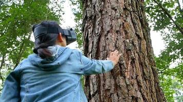 Happy woman wearing VR-headset glasses of virtual reality in forest, touches the big tree on a sunny summer day in green garden. Modern technology concept. video