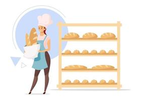 Female baker flat color vector illustration. Woman next to shelves with baked products. Bread production. Bake shop. Food industry. Girl in chef hat. Isolated cartoon character on white background