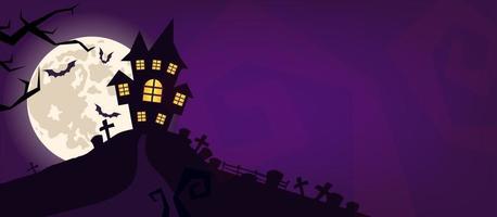 Halloween scary vector background. Spooky graveyard and haunted house at night cartoon illustration. Horror moon, bats and graves silhouettes creepy backdrop. Helloween gothic panorama with cemetery