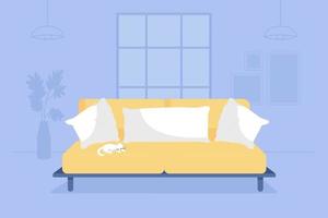 Living room with yellow couch 2D vector isolated illustration