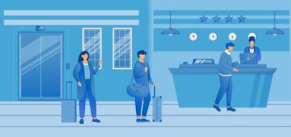 Hotel check in flat vector illustration. Tourists with baggage at reception. Receptionist at front desk with guests in waiting area. Hospitality service. Travelers with suitcases cartoon characters