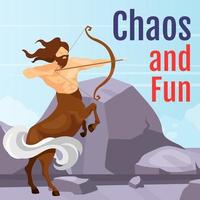 Chaos and fun social media post mockup. Greek mythological creature. Centaurus with bow and arrow. Web banner design template. Social media booster, content layout. Poster with flat illustrations vector