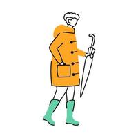 Man in raincoat flat contour vector illustration. Rainy weather. Male with umbrella in hand isolated cartoon outline character on white background. Walking guy in gumboots simple drawing