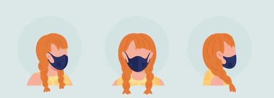 Red haired girl semi flat color vector character avatar with mask set