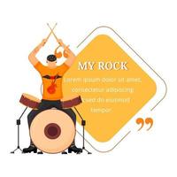 Drummer flat color vector illustration. Drum player. Rock musician. Isolated cartoon character. Quote blank frame template. Rhomb shaped yellow speech bubble. Quotation, citation text box design.