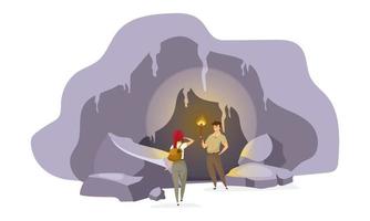 Explorers in cave flat vector illustration. Expedition group inside old mountain. Man standing with torch. Woman observing tunnel. Journey to ancient cavern. Tourists cartoon characters