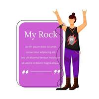Rock band singer flat color vector illustration. Lead vocalist. Musician. Isolated cartoon character. Quote blank frame template. Rectangular purple speech bubble. Quotation, citation text box design.