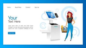 Store self service kiosk landing page vector template. Payment machine website interface idea with flat illustrations. Digital banking homepage layout. Shopping pay pass terminal web banner