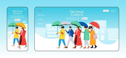 Various color umbrellas landing page flat color vector template. Mobile display. People in raincoats homepage layout. Rainy weather one page website interface, cartoon character. Walking crowd webpage