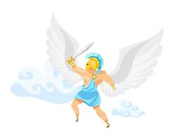 Icarus flat vector illustration. Warrior fly in sky. Fantastical fighter. Gladiator in air with sword. Greek mythology. Man with wings isolated cartoon character on white background